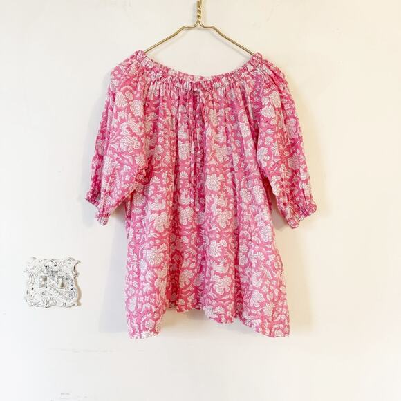 SZ BlockPrints Pink Nila Block Print Floral Gathered Top Puff Sleeve M - Picture 1 of 6